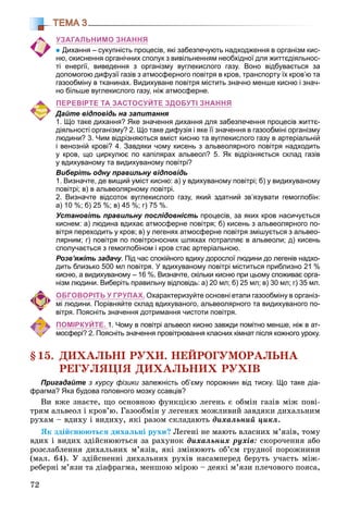 72
ТЕМА 3
УЗАГАЛЬНИМО ЗНАННЯ
Дихання – сукупність процесів, які забезпечують надходження в організм кис-
ню, окиснення органічних сполук з вивільненням необхідної для життєдіяльнос-
ті енергії, виведення з організму вуглекислого газу. Воно відбувається за
допомогою дифузії газів з атмосферного повітря в кров, транспорту їх кров’ю та
газообміну в тканинах. Видихуване повітря містить значно менше кисню і знач-
но більше вуглекислого газу, ніж атмосферне.
ПЕРЕВІРТЕ ТА ЗАСТОСУЙТЕ ЗДОБУТІ ЗНАННЯ
Дайте відповідь на запитання
1. Що таке дихання? Яке значення дихання для забезпечення процесів життє-
діяльності організму? 2. Що таке дифузія і яке її значення в газообміні організму
людини? 3. Чим відрізняються вміст кисню та вуглекислого газу в артеріальній
і венозній крові? 4. Завдяки чому кисень з альвеолярного повітря надходить
у кров, що циркулює по капілярах альвеол? 5. Як відрізняється склад газів
у вдихуваному та видихуваному повітрі?
Виберіть одну правильну відповідь
1. Визначте, де вищий уміст кисню: а) у вдихуваному повітрі; б) у видихуваному
повітрі; в) в альвеолярному повітрі.
2. Визначте відсоток вуглекислого газу, який здатний зв’язувати гемоглобін:
а) 10 %; б) 25 %; в) 45 %; г) 75 %.
Установіть правильну послідовність процесів, за яких кров насичується
киснем: а) людина вдихає атмосферне повітря; б) кисень з альвеолярного по-
вітря переходить у кров; в) у легенях атмосферне повітря змішується з альвео-
лярним; г) повітря по повітроносних шляхах потрапляє в альвеоли; д) кисень
сполучається з гемоглобіном і кров стає артеріальною.
Розв’яжіть задачу. Під час спокійного вдиху дорослої людини до легенів надхо-
дить близько 500 мл повітря. У вдихуваному повітрі міститься приблизно 21 %
кисню, а видихуваному – 16 %. Визначте, скільки кисню при цьому споживає орга-
нізм людини. Виберіть правильну відповідь: а) 20 мл; б) 25 мл; в) 30 мл; г) 35 мл.
ОБГОВОРІТЬ У ГРУПАХ. Охарактеризуйте основні етапи газообміну в організ-
мі людини. Порівняйте склад вдихуваного, альвеолярного та видихуваного по-
вітря. Поясніть значення дотримання чистоти повітря.
ПОМІРКУЙТЕ. 1. Чому в повітрі альвеол кисню завжди помітно менше, ніж в ат-
мосфері? 2. Поясніть значення провітрювання класних кімнат після кожного уроку.
§15. ÄÈÕÀËÜÍІ ÐÓÕÈ. ÍÅÉÐÎÃÓÌÎÐÀËÜÍÀ
ÐÅÃÓËßÖІß ÄÈÕÀËÜÍÈÕ ÐÓÕІÂ
Пригадайте з курсу фізики залежність об’єму порожнин від тиску. Що таке діа-и
фрагма? Яка будова головного мозку ссавців?
Âè âæå çíàєòå, ùî îñíîâíîþ ôóíêöієþ ëåãåíü є îáìіí ãàçіâ ìіæ ïîâі-
òðÿì àëüâåîë і êðîâ’þ. Ãàçîîáìіí ó ëåãåíÿõ ìîæëèâèé çàâäÿêè äèõàëüíèì
ðóõàì – âäèõó і âèäèõó, ÿêі ðàçîì ñêëàäàþòü äèõàëüíèé öèêë.
ßê çäіéñíþþòüñÿ äèõàëüíі ðóõè? Ëåãåíі íå ìàþòü âëàñíèõ ì’ÿçіâ, òîìó
âäèõ і âèäèõ çäіéñíþþòüñÿ çà ðàõóíîê äèõàëüíèõ ðóõіâ: ñêîðî÷åííÿ àáî
ðîçñëàáëåííÿ äèõàëüíèõ ì’ÿçіâ, ÿêі çìіíþþòü îá’єì ãðóäíîї ïîðîæíèíè
(ìàë. 64). Ó çäіéñíåííі äèõàëüíèõ ðóõіâ íàñàìïåðåä áåðóòü ó÷àñòü ìіæ-
ðåáåðíі ì’ÿçè òà äіàôðàãìà, ìåíøîþ ìіðîþ – äåÿêі ì’ÿçè ïëå÷îâîãî ïîÿñà,
 