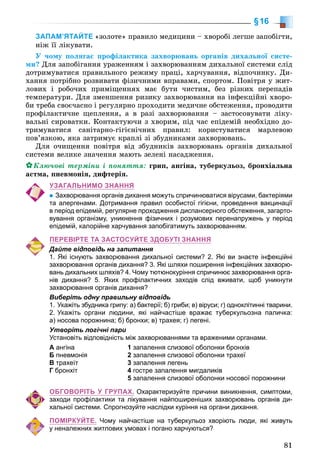 81
§16
ЗАПАМ’ЯТАЙТЕ «çîëîòå» ïðàâèëî ìåäèöèíè – õâîðîáі ëåãøå çàïîáіãòè,
íіæ її ëіêóâàòè.
Ó ÷îìó ïîëÿãàє ïðîôіëàêòèêà çàõâîðþâàíü îðãàíіâ äèõàëüíîї ñèñòå-
ìè? Äëÿ çàïîáіãàííÿ óðàæåííÿì і çàõâîðþâàííÿì äèõàëüíîї ñèñòåìè ñëіä
äîòðèìóâàòèñÿ ïðàâèëüíîãî ðåæèìó ïðàöі, õàð÷óâàííÿ, âіäïî÷èíêó. Äè-
õàííÿ ïîòðіáíî ðîçâèâàòè ôіçè÷íèìè âïðàâàìè, ñïîðòîì. Ïîâіòðÿ ó æèò-
ëîâèõ і ðîáî÷èõ ïðèìіùåííÿõ ìàє áóòè ÷èñòèì, áåç ðіçêèõ ïåðåïàäіâ
òåìïåðàòóðè. Äëÿ çìåíøåííÿ ðèçèêó çàõâîðþâàííÿ íà іíôåêöіéíі õâîðî-
áè òðåáà ñâîє÷àñíî і ðåãóëÿðíî ïðîõîäèòè ìåäè÷íå îáñòåæåííÿ, ïðîâîäèòè
ïðîôіëàêòè÷íå ùåïëåííÿ, à â ðàçі çàõâîðþâàííÿ – çàñòîñîâóâàòè ëіêó-
âàëüíі ñèðîâàòêè. Êîíòàêòóþ÷è ç õâîðèì, ïіä ÷àñ åïіäåìіé íåîáõіäíî äî-
òðèìóâàòèñÿ ñàíіòàðíî-ãіãієíі÷íèõ ïðàâèë: êîðèñòóâàòèñÿ ìàðëåâîþ
ïîâ’ÿçêîþ, ÿêà çàòðèìóє êðàïëі çі çáóäíèêàìè çàõâîðþâàíü.
Äëÿ î÷èùåííÿ ïîâіòðÿ âіä çáóäíèêіâ çàõâîðþâàíü îðãàíіâ äèõàëüíîї
ñèñòåìè âåëèêå çíà÷åííÿ ìàþòü çåëåíі íàñàäæåííÿ.
Êëþ÷îâі òåðìіíè і ïîíÿòòÿ: ãðèï, àíãіíà, òóáåðêóëüîç, áðîíõіàëüíà
àñòìà, ïíåâìîíіÿ, äèôòåðіÿ.
УЗАГАЛЬНИМО ЗНАННЯ
Захворювання органів дихання можуть спричинюватися вірусами, бактеріями
та алергенами. Дотримання правил особистої гігієни, проведення вакцинації
в період епідемій, регулярне проходження диспансерного обстеження, загарто-
вування організму, уникнення фізичних і розумових перенапружень у період
епідемій, калорійне харчування запобігатимуть захворюванням.
ПЕРЕВІРТЕ ТА ЗАСТОСУЙТЕ ЗДОБУТІ ЗНАННЯ
Дайте відповідь на запитання
1. Які існують захворювання дихальної системи? 2. Які ви знаєте інфекційні
захворювання органів дихання? 3. Які шляхи поширення інфекційних захворю-
вань дихальних шляхів? 4. Чому тютюнокуріння спричинює захворювання орга-
нів дихання? 5. Яких профілактичних заходів слід вживати, щоб уникнути
захворювання органів дихання?
Виберіть одну правильну відповідь
1. Укажіть збудника грипу: а) бактерії; б) гриби; в) віруси; г) одноклітинні тварини.
2. Укажіть органи людини, які найчастіше вражає туберкульозна паличка:
а) носова порожнина; б) бронхи; в) трахея; г) легені.
Утворіть логічні пари
Установіть відповідність між захворюваннями та враженими органами.
А ангіна
Б пневмонія
В трахеїт
Г бронхіт
1 запалення слизової оболонки бронхів
2 запалення слизової оболонки трахеї
3 запалення легень
4 гостре запалення мигдаликів
5 запалення слизової оболонки носової порожнини
ОБГОВОРІТЬ У ГРУПАХ. Охарактеризуйте причини виникнення, симптоми,
заходи профілактики та лікування найпоширеніших захворювань органів ди-
хальної системи. Спрогнозуйте наслідки куріння на органи дихання.
ПОМІРКУЙТЕ. Чому найчастіше на туберкульоз хворіють люди, які живуть
у неналежних житлових умовах і погано харчуються?
 