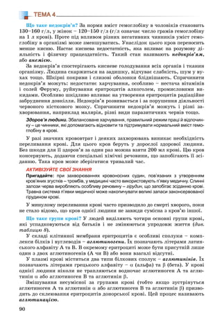 90
ТЕМА 4
Ùî òàêå íåäîêðіâ’ÿ? Çà íîðìè âìіñò ãåìîãëîáіíó â ÷îëîâіêіâ ñòàíîâèòü
130–160 ã/ë, ó æіíîê – 120–150 ã/ë (ã/ë îçíà÷àє ÷èñëî ãðàìіâ ãåìîãëîáіíó
íà 1 ë êðîâі). Ïðîòå ïіä âïëèâîì ðіçíèõ íåãàòèâíèõ ÷èííèêіâ óìіñò ãåìî-
ãëîáіíó â îðãàíіçìі ìîæå çìåíøóâàòèñü. Óíàñëіäîê öüîãî êðîâ ïåðåíîñèòü
ìåíøå êèñíþ. Íàñòàє êèñíåâà íåäîñòàòíіñòü, ÿêà âïëèâàє íà ðîçóìîâó äі-
ÿëüíіñòü і ôіçè÷íó ïðàöåçäàòíіñòü. Òàêèé ñòàí íàçèâàþòü íåäîêðіâ’ÿì,
àáî àíåìієþ.
Çà íåäîêðіâ’ÿ ñïîñòåðіãàþòü êèñíåâå ãîëîäóâàííÿ âñіõ îðãàíіâ і òêàíèí
îðãàíіçìó. Ëþäèíà ñêàðæèòüñÿ íà çàäèøêó, âіä÷óâàє ñëàáêіñòü, øóì ó âó-
õàõ òîùî. Øêіðíі ïîêðèâè і ñëèçîâі îáîëîíêè áëіäíіøàþòü. Ñïðè÷èíèòè
íåäîêðіâ’ÿ ìîæóòü: íåäîñòàòíє õàð÷óâàííÿ, îñîáëèâî – íåñòà÷à âіòàìіíіâ
і ñîëåé Ôåðóìó, ðóéíóâàííÿ åðèòðîöèòіâ àëêîãîëåì, ïðîìèñëîâèìè âè-
êèäàìè. Îñîáëèâî øêіäëèâî âïëèâàє íà óòâîðåííÿ åðèòðîöèòіâ ðàäіàöіéíå
çàáðóäíåííÿ äîâêіëëÿ. Íåäîêðіâ’ÿ ðîçâèâàєòüñÿ і çà ïîðóøåííÿ äіÿëüíîñòі
÷åðâîíîãî êіñòêîâîãî ìîçêó. Ñïðè÷èíèòè íåäîêðіâ’ÿ ìîæóòü і ðіçíі çà-
õâîðþâàííÿ, íàïðèêëàä ìàëÿðіÿ, ðіçíі âèäè ïàðàçèòè÷íèõ ÷åðâіâ òîùî.
Здоров’я людини. Збалансоване харчування, правильний режим праці й відпочин-
ку – це чинники, які допомагають відновити та підтримувати нормальний вміст гемо-
глобіну в крові.
Ó ðàçі çíà÷íèõ êðîâîâòðàò і äåÿêèõ çàõâîðþâàíü âèíèêàє íåîáõіäíіñòü
ïåðåëèâàííÿ êðîâі. Äëÿ öüîãî êðîâ áåðóòü ó äîðîñëîї çäîðîâîї ëþäèíè.
Áåç øêîäè äëÿ її çäîðîâ’ÿ çà îäèí ðàç ìîæíà âçÿòè 200 ìë êðîâі. Öþ êðîâ
êîíñåðâóþòü, äîäàþ÷è ñïåöіàëüíі õіìі÷íі ðå÷îâèíè, ùî çàïîáіãàþòü її çñі-
äàííþ. Òàêà êðîâ ìîæå çáåðіãàòèñÿ òðèâàëèé ÷àñ.
АКТИВІЗУЙТЕ СВОЇ ЗНАННЯ
Пригадайте: при захворюваннях кровоносних судин, пов’язаних з утворенням
кров’яних згустків – тромбів, у медицині часто використовують п’явку медичну. Слинні
залози черва виробляють особливу речовину – гірудин, що запобігає зсіданню крові.
Травна система пֹ’явки медичної може накопичувати великі запаси законсервованої
гірудином крові.
Ó ìèíóëîìó ïåðåëèâàííÿ êðîâі ÷àñòî ïðèçâîäèëî äî ñìåðòі õâîðîãî, ïîêè
íå ñòàëî âіäîìî, ùî êðîâ îäíієї ëþäèíè íå çàâæäè ñóìіñíà ç êðîâ’þ іíøîї.
Ùî òàêå ãðóïè êðîâі? Ó ëþäåé âèäіëÿþòü ÷îòèðè îñíîâíі ãðóïè êðîâі,
ÿêі óñïàäêîâóþòüñÿ âіä áàòüêіâ і íå çìіíþþòüñÿ óïðîäîâæ æèòòÿ (äèâ.
òàáëèöþ 8).
Ó ñêëàäі êëіòèííîї ìåìáðàíè åðèòðîöèòіâ є îñîáëèâі ñïîëóêè – êîìï-
ëåêñè áіëêіâ і âóãëåâîäіâ – àãëþòèíîãåíè. Їõ ïîçíà÷àþòü ëіòåðàìè ëàòèí-
ñüêîãî àëôàâіòó À òà Â. Â îêðåìîìó åðèòðîöèòі ìîæå áóòè ïðèñóòíіé ëèøå
îäèí ç äâîõ àãëþòèíîãåíіâ (À ÷è Â) àáî âîíè âçàãàëі âіäñóòíі.
Ó ïëàçìі êðîâі ìіñòèòüñÿ äâà òèïè áіëêîâèõ ñïîëóê – àãëþòèíіíіâ. Їõ
ïîçíà÷àþòü ëіòåðàìè ãðåöüêîãî àëôàâіòó – α (àëüôà) òà β (áåòà). Ó êðîâі
îäíієї ëþäèíè íіêîëè íå òðàïëÿþòüñÿ âîäíî÷àñ àãëþòèíîãåí À òà àãëþ-
òèíіí α àáî àãëþòèíîãåí Â òà àãëþòèíіí β.
Çìіøóâàííÿ íåñóìіñíîї çà ãðóïàìè êðîâі (òîáòî ÿêùî çóñòðіíóòüñÿ
àãëþòèíîãåí À òà àãëþòèíіí α àáî àãëþòèíîãåí Â òà àãëþòèíіí β) ïðèçâî-
äèòü äî ñêëåþâàííÿ åðèòðîöèòіâ äîíîðñüêîї êðîâі. Öåé ïðîöåñ íàçèâàþòü
àãëþòèíàöієþ.
 