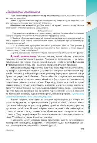 145
6 Біологія, 8
Тема. Вивчення будови спинного мозку людини (за муляжами, моделями, пластин-
частими препаратами).
Мета:  з’ясувати особливості будови спинного мозку; навчитися розрізняти його скла-
дові на моделях, муляжах, пластинчастих препаратах.
Обладнання та матеріали:  розбірні моделі та муляжі спинного мозку людини,
пластинчасті препарати спинного мозку людини.
Хід дослідження
1. Розгляньте муляж або модель спинного мозку людини. Визначте відділи спинного
мозку та з’ясуйте особливості їх розташування у хребетному каналі.
2. Знайдіть оболонки, якими вкритий спинний мозок, борозни, спинномозковий ка-
нал та передні й задні корінці спинномозкових нервів. Що свідчить про сегментарну бу-
дову спинного мозку?
3.  На пластинчастих препаратах розгляньте розміщення сірої та білої речовин у
спинному мозку. З’ясуйте, яке співвідношення сірої та білої речовин у різних відділах
спинного мозку. З чим це пов’язано?
4. Зробіть висновок: які особливості будови спинного мозку зумовлюють його функції?
Функції спинного мозку. Завдяки спинному мозку здійснюється нервова
регуляція рухової активності людини. Різноманітні рухи людини — це рухові
рефлекси, що притаманні опорно-руховій системі. Їх забезпечує рефлекторна
функція спинного мозку, яка і полягає в здійсненні рухових рефлексів.
Вам уже відомо, що рефлекторна дуга будь-якого рефлексу включає ділян-
ку центральної нервової системи, у якій містяться нервові центри певних реф-
лексів. Зокрема, у здійсненні рухового рефлексу бере участь руховий центр.
Рухові центри регуляції діяльності більшості м’язів тіла розміщені в спинному
мозку. Через них проходить значна кількість рефлекторних дуг, завдяки яким
регулюється робота скелетних м’язів. Зокрема, рухові центри лівої чи правої
частин кожного сегмента іннервують відповідні м’язи та ділянки шкіри, за-
безпечуючи підтримання постави, ходіння, жестикуляцію тощо. Прикладами
простих рухових рефлексів, що проходять через спинний мозок, є згинання
та розгинання кінцівок, відсмикування руки, колінний рефлекс. Пригадайте
будову рефлекторної дуги колінного рефлексу.
Вставні нейрони, що входять до складних рефлекторних дуг, можуть пе-
редавати збудження і на протилежний бік (правий чи лівий) спинного мозку.
Цим вони забезпечують узгоджену роботу правої та лівої кінцівок у разі по-
дразнення однієї з них. Вставні нейрони також з’єднують між собою сусідні
сегменти спинного мозку, завдяки чому збудження може поширюватися на ці
сегменти. Тому до рефлекторної відповіді причетна не лише подразнена кін-
цівка. У ній беруть участь й інші частини тіла.
У спинному мозку містяться також рефлекторні центри потовиділення,
розширення зіниць, руху діафрагми. У крижовому відділі розміщуються цен-
три сечовипускання, дефекації та статевої функції.
 