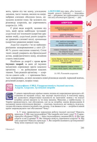 241
9 Біологія, 8
АЛЕРГЕНИ (від грец. allos [аллос] —
інший; genesis [ґенезіс]  — походжен-
ня) — речовини, які спричиняють алер-
гію (від allosтаergon [ергон] — дія).
жить, хрипи під час вдиху, ускладнене
дихання, часте чхання, висипи на шкірі,
набряки слизових оболонок (носа, ди-
хальних шляхів) тощо. Це залежить від
різновиду алергенів, що спричиняють
алергію (іл. 149).
Є різні види алергій, залежно від
того, який орган найбільше чутливий:
алергічний кон’юнктивіт (алергічне ура-
ження очей), алергічний риніт (алергіч-
не ураження слизової носа), кропивниця
(алергічне ураження шкіри) тощо.
Алергічні хвороби є чи не найпоши-
ренішими захворюваннями у світі (25–
40 % усього населення планети). Сотні
тисяч людей умирають від бронхіальної
астми, анафілактичного шоку, мільйони
стають інвалідами.
Подібним до алергії є прояв ауто-
імунних хвороб, за яких дії імунних
механізмів спрямовані проти власного
організму  — на руйнування власних
тканин. Така реакція організму — алер-
гія на самого себе — є причиною бага-
тьох захворювань, до яких належать певні різновиди анемій, червоний вовчок,
розсіяний склероз, псоріаз тощо.
Імунодефіцит: СНІД. Гіперреактивність імунної системи.  
Aлергія. Алергени. Аутоімунні хвороби
У деяких європейських країнах кожна людина від народження проходить об-
стеження на імунний статус, має паспорт імуностатусу й генетичну карту,
які дозволяють обґрунтовано відповісти на запитання: можна і чи взагалі
потрібно дитині вводити ту чи іншу вакцину. Можливо, у майбутньому і в
Україні проводитимуть такі обстеження, але на це потрібне значне фінансування й
належним чином підготовлені фахівці — генетики, імунологи, які зможуть за резуль-
татами обстежень оцінити імунний стан дитини. А як вважаєте ви — потрібно в нашій
країні запроваджувати такі обстеження? Чому?
1. У чому проявляються порушення роботи імунної системи? Наведіть
приклади. 2. Що таке імунодефіцит? Які хвороби пов’язані з ним? 3. Схарак-
теризуйте збудника СНІДу — вірус імунодефіциту людини (ВІЛ). 4. Що таке
алергія та які її прояви? 5. Які чинники можуть спричиняти алергію? 6. Що
таке алергени? Наведіть приклади. 7. Які хвороби називають аутоімунними?
Чому вони отримали таку назву?
Іл.149. Різновиди алергенів
 