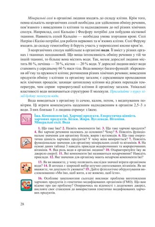 28
Мінеральні солі в організмі людини входять до складу клітин. Крім того,
певна кількість неорганічних солей необхідна для здійснення обміну речовин,
пов’язаного з виведенням із клітини та надходженням до неї різних хімічних
сполук. Наприклад, солі Кальцію і Фосфору потрібні для побудови кісткової
тканини. Наявність солей Кальцію — необхідна умова згортання крові. Солі
Натрію і Калію потрібні для роботи нервових та м’язових клітин. Солі Феруму
входять до складу гемоглобіну й беруть участь у перенесенні кисню кров’ю.
З неорганічних сполук найбільше в організмі води. Її вміст у різних орга-
нах і тканинах неоднаковий. Що вища інтенсивність обміну речовин у тій чи
іншій тканині, то більше вона містить води. Так, мозок дорослої людини міс-
тить 86 %, печінка — 70 %, кістки — 20 % води. У дорослої людини вміст води
становить у середньому 66 % маси тіла. Вода виконує багато функцій: збережен-
ня об’єму та пружності клітин; розчинення різних хімічних речовин; виведення
продуктів обміну з клітини та організму загалом; є середовищем проходження
всіх хімічних процесів; захищає цитоплазму клітини від різких перепадів тем-
ператури, чим сприяє терморегуляції клітини й організму загалом. Унікальні
властивості води визначаються структурою її молекули. Пригадайте з курсу хі-
мії будову молекули води.
Вода виводиться з організму із сечею, калом, потом, з видихуваним по-
вітрям. Ці втрати компенсують щоденним надходженням в організм 2,5–3 л
води. З них близько 1 л людина отримує з їжею.
Їжа. Компоненти їжі. Харчові продукти. Енергетична цінність
харчових продуктів. Білки. Жири. Вуглеводи. Вітаміни.  
Мінеральні солі. Вода
1. Що таке їжа? 2. Назвіть компоненти їжі. 3. Що таке харчові продукти?
4. Які харчові речовини належать до основних? Чому? 5. Поясніть функціо-
нальне значення для організму білків, жирів і вуглеводів. 6. Що таке енерге-
тична цінність харчових продуктів? У чому вона вимірюється? 7. Поясніть
функціональне значення для організму мінеральних солей та вітамінів. 8. На
основі даних таблиці 3 наведіть приклади водорозчинних та жиророзчинних
вітамінів. 9. Яка роль води в організмі людини? 10. Охарактеризуйте їжу як
джерело енергії. 11. Які компоненти їжі називаються нехарчовими? Наведіть
приклади. 12. Яке значення для організму мають нехарчові компоненти їжі?
13. Як ви вважаєте, у чому полягають наслідки значної втрати організмом
води? 14. В аптеках є широкий вибір штучно синтезованих вітамінів. Як ви
вважаєте, чи доцільно їх уживати? 15. Дайте фізіологічне обґрунтування ви-
словлюванню «Ми їмо, щоб жити, а не живемо, щоб їсти».
16. Особливе занепокоєння сьогодні викликає проблема виготовлення
харчових продуктів із генетично модифікованих організмів (ГМО). Що вам
відомо про цю проблему? Опираючись на відомості з додаткових джерел,
висловте своє ставлення до використання генетично модифікованих харчо-
вих продуктів.
 