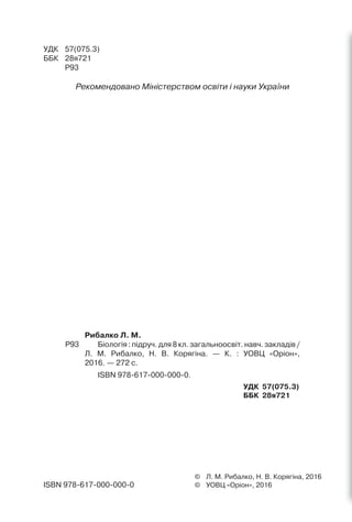 © Л. М. Рибалко, Н. В. Корягіна, 2016
© УОВЦ «Оріон», 2016ISBN 978-617-000-000-0
Рибалко Л. М.
Р93 Біологія : підруч. для 8 кл. загальноосвіт. навч. закладів /
Л. М. Рибалко, Н. В. Корягіна. — К. : УОВЦ «Оріон»,
2016. — 272 с.
ISBN 978-617-000-000-0.
УДК 57(075.3)
ББК 28я721
УДК 57(075.3)
ББК 28я721
Р93
Рекомендовано Міністерством освіти і науки України
 