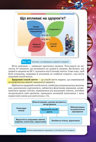 21
20 % 20 %
10 % 50 %
Чинники, що формують здоров’я людиниМал. 10
Бути здоровою — природне прагнення людини. Розгляньте на ма-
люнку 10 чинники, що впливають на здоров’я людини. Ви бачите, що
здоров’я людини на 50 % залежить від її способу життя. Саме тому, щоб
бути успішним, здоровим й активним до глибокої старості, слід вести
здоровий спосіб життя.
Здоровий спосіб життя — це спосіб життя людини, що спрямований
на профілактику хвороб і зміцнення її здоров’я.
Щоб вести здоровий спосіб життя, необхідно дотримуватися режиму
дня, раціонально харчуватися, займатися фізичними вправами, дотри-
муватися правил гігієни, відмовитися від шкідливих звичок, постійно
загартовувати свій організм, проводити активний відпочинок і мати
сприятливі умови для життя (мал. 11).
Здоровий спосіб
життя
Фізичні вправи, рухова активність,
загартування
Збалансоване
та раціональне
харчування
Позитивні
емоції
Відсутність шкідливих звичок
(куріння, алкоголю, наркотиків)
Особиста гігієна, відпочинок
Шляхи формування здорового способу життя людиниМал. 11
 