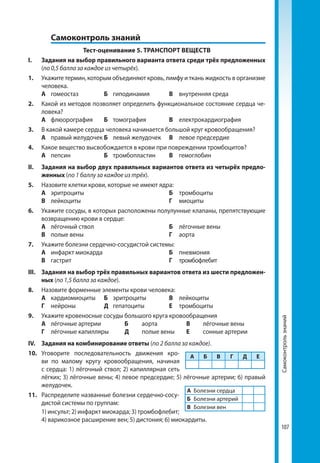 107107
	 Самоконтроль знаний
Тест-оценивание 5. ТРАНСПОРТ ВЕЩЕСТВ
І. 	 Задания на выбор правильного варианта ответа среди трёх предложенных
(по 0,5 балла за каждое из четырёх).
1.	 Укажите термин, которым объединяют кровь, лимфу и ткань жидкость в организме
человека.
	 А	гомеостаз	 Б	гиподинамия	 В	 внутренняя среда
2. 	 Какой из методов позволяет определить функциональное состояние сердца че­
ловека?
	 А	флюорография	 Б	томография	 В	електрокардиография
3. 	 В какой камере сердца человека начинается большой круг кровообращения?
	 А	 правый желудочек	Б	 левый желудочек	 В	 левое предсердие
4. 	 Какое вещество высвобождается в крови при повреждении тромбоцитов?
	 А	пепсин	 Б	тромбопластин	 В	гемоглобин
ІІ. 	 Задания на выбор двух правильных вариантов ответа из четырёх предло-
женных (по 1 баллу за каждое из трёх).
5.	 Назовите клетки крови, которые не имеют ядра:
	 А	эритроциты			 Б	тромбоциты	
	 В	лейкоциты			 Г	миоциты
6.	 Укажите сосуды, в которых расположены полулунные клапаны, препятствующие
возвращению крови в сердце:
	 А	 лёгочный ствол			 Б	 лёгочные вены
	 В	 полые вены			 Г	аорта
7. 	 Укажите болезни сердечно-сосудистой системы:
	 А	 инфаркт миокарда			 Б	пневмония	
	 В	гастрит			 Г	тромбофлебит
ІІІ. 	 Задания на выбор трёх правильных вариантов ответа из шести предложен-
ных (по 1,5 балла за каждое).
8. 	 Назовите форменные элементы крови человека:
	 А	кардиомиоциты	 Б	эритроциты	 В	лейкоциты
	 Г	нейроны	 Д	гепатоциты	 Е	тромбоциты
9.	 Укажите кровеносные сосуды большого круга кровообращения
	 А	 лёгочные артерии	 Б	аорта	 В	 лёгочные вены
	 Г	 лёгочные капилляры	 Д	 полые вены	 Е	 сонные артерии
ІV.	 Задания на комбинирование ответы (по 2 балла за каждое).
10. 	 Уговорите последовательность движения кро­
ви по малому кругу кровообращения, начиная
с сердца: 1) лёгочный ствол; 2) капиллярная сеть
лёгких; 3) лёгочные вены; 4) левое предсердие; 5) лёгочные артерии; 6) правый
желудочек.
11. 	 Распределите названные болезни сердечно-сосу­
дистой системы по группам:
	 1) инсульт; 2) инфаркт миокарда; 3) тромбофлебит;
4) варикозное расширение вен; 5) дистония; 6) миокардиты.
А Б В Г Д Е
А	 Болезни сердца
Б	 Болезни артерий
В	 Болезни вен
Самоконтрользнаний
 