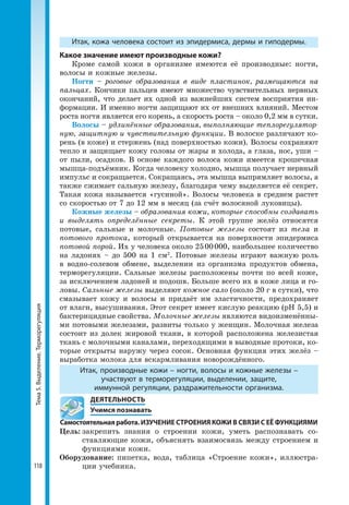 Тема5.Выделение.Терморегуляция
118
Итак, кожа человека состоит из эпидермиса, дермы и гиподермы.
Какое значение имеют производные кожи?
Кроме самой кожи в организме имеются её производные: ногти,
волосы и кожные железы.
Ногти – роговые образования в виде пластинок, размещаются на
пальцах. Кончики пальцев имеют множество чувствительных нервных
окончаний, что делает их одной из важнейших систем восприятия ин-
формации. И именно ногти защищают их от внешних влияний. Местом
роста ногтя является его корень, а скорость роста – около 0,2 мм в сутки.
Волосы – удлинённые образования, выполняющие теплорегулятор-
ную, защитную и чувствительную функции. В волоске различают ко-
рень (в коже) и стержень (над поверхностью кожи). Волосы сохраняют
тепло и защищает кожу головы от жары и холода, а глаза, нос, уши –
от пыли, осадков. В основе каждого волоса кожи имеется крошечная
мышца-подъёмник. Когда человеку холодно, мышца получает нервный
импульс и сокращается. Сокращаясь, эта мышца выпрямляет волосы, а
также сжимает сальную железу, благодаря чему выделяется её секрет.
Такая кожа называется «гусиной». Волосы человека в среднем растет
со скоростью от 7 до 12 мм в месяц (за счёт волосяной луковицы).
Кожные железы – образования кожи, которые способны создавать
и выделять определённые секреты. К этой группе желёз относятся
потовые, сальные и молочные. Потовые железы состоят из тела и
потового протока, который открывается на поверхности эпидермиса
потовой порой. Их у человека около 25 00 000, наибольшее количество
на ладонях – до 500 на 1 см2
. Потовые железы играют важную роль
в водно-солевом обмене, выделении из организма продуктов обмена,
терморегуляции. Сальные железы расположены почти по всей коже,
за исключением ладоней и подошв. Больше всего их в коже лица и го-
ловы. Сальные железы выделяют кожное сало (около 20 г в сутки), что
смазывает кожу и волосы и придаёт им эластичности, предохраняет
от влаги, высушивания. Этот секрет имеет кислую реакцию (рН 5,5) и
бактерицидные свойства. Молочные железы являются видоизменённы-
ми потовыми железами, развиты только у женщин. Молочная железа
состоит из долек жировой ткани, в которой расположена железистая
ткань с молочными каналами, переходящими в выводные протоки, ко-
торые открыты наружу через сосок. Основная функция этих желёз –
выработка молока для вскармливания новорождённого.
Итак, производные кожи – ногти, волосы и кожные железы –
участвуют в терморегуляции, выделении, защите,
иммунной регуляции, раздражительности организма.
	 ДЕЯТЕЛЬНОСТЬ
	 Учимся познавать
Самостоятельная работа. ИЗУЧЕНИЕ СТРОЕНИЯ КОЖИ В СВЯЗИ С ЕЁ ФУНКЦИЯМИ
Цель:	закрепить знания о строении кожи, уметь распознавать со-
ставляющие кожи, объяснять взаимосвязь между строением и
функциями кожи.
Оборудование: пипетка, вода, таблица «Строение кожи», иллюстра-
ции учебника.
 