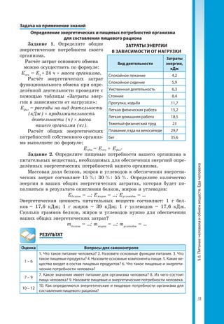 31
§6.Питаниечеловекаиобменвеществ.Едачеловека
Задача на применение знаний
Определение энергетических и пищевых потребностей организма
для составления пищевого рациона
Задание 1. Определите общие
энергетические потребности своего
организма.
Расчёт затрат основного обмена
можно осуществить по формуле:
Еосн = Еч × 24 ч × масса организма.
Расчёт энергетических затрат
функционального обмена при опре­
делённой деятельности проведите с
помощью таблицы «Затраты энер­
гии в зависимости от нагрузки»:
Ефиз = расходы на вид деятельности
(кДж) × продолжительность
деятельности (ч) × масса
вашего организма (кг).
Расчёт общих энергетических
потребностей собственного организ­
ма выполните по формуле:
Еобщ = Еосн + Ефиз
.
Задание 2. Определите пищевые потребности вашего организма в
питательных веществах, необходимых для обеспечения энергией опре­
делённых энергетических потребностей вашего организма.
Массовая доля белков, жиров и углеводов в обеспечении энергети­
ческих затрат составляет 15 %: 30 %: 55 %. Определите количество
энергии в ваших общих энергетических затратах, которая будет по­
полняться в результате окисления белков, жиров и углеводов:
Ебелков = …; Ежиров = …; Еуглеводов = …
Энергетическая ценность питательных веществ составляет: 1 г бел­
ков = 17,6 кДж; 1 г жиров = 39 кДж; 1 г углеводов = 17,6 кДж.
Сколько граммов белков, жиров и углеводов нужно для обеспечения
ваших общих энергетических затрат?
mбелков
= …; mжиров
= …; mуглеводов
= …
	РЕЗУЛЬТАТ
Оценка Вопросы для самоконтроля
1 – 6
1. Что такое питание человека? 2. Назовите основные функции питания. 3. Что
такое пищевые продукты? 4. Назовите основные компоненты пищи. 5. Какие ве-
щества входят в состав пищевых продуктов? 6. Что такое пищевые и энергети-
ческие потребности человека?
7 – 9
7. Какое значение имеет питание для организма человека? 8. Из чего состоит
пища человека? 9. Назовите пищевые и энергетические потребности человека.
10 – 12
10. Как определяются энергетические и пищевые потребности организма для
составления пищевого рациона?
ЗАТРАТЫ ЭНЕРГИИ
В ЗАВИСИМОСТИ ОТ НАГРУЗКИ
Вид деятельности
Затраты
энергии,
кДж
Спокойное лежание 4,2
Спокойное сидение 5,9
Умственная деятельность 6,3
Стояние 8,4
Прогулка, ходьба 11,7
Легкая физическая работа 15,2
Легкая домашняя работа 18,5
Тяжелый физический труд 23
Плавание,езданавелосипеде 29,7
Бег 35,6
 