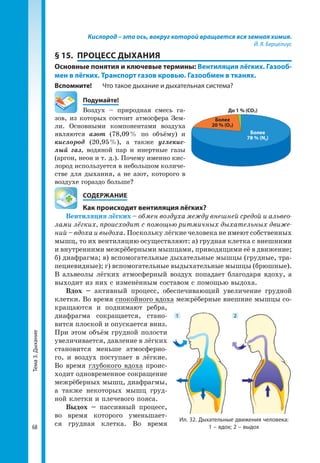 Тема3.Дыхание
68
Кислород – это ось, вокруг которой вращается вся земная химия.
Й. Я. Берцелиус
§ 15.	 ПРОЦЕСС ДЫХАНИЯ
Основные понятия и ключевые термины: Вентиляция лёгких. Газооб-
мен в лёгких. Транспорт газов кровью. Газообмен в тканях.
Вспомните!	 Что такое дыхание и дыхательная система?
	Подумайте!
Воздух – природная смесь га­
зов, из которых состоит атмосфера Зем­
ли. Основными компонентами воздуха
являются азот (78,09 % по объёму) и
кислород (20,95 %), а также углекис­
лый газ, водяной пар и инертные газы
(аргон, неон и т. д.). Почему именно кис­
лород используется в небольшом количе­
стве для дыхания, а не азот, которого в
воздухе гораздо больше?
	 СОДЕРЖАНИЕ
	 Как происходит вентиляция лёгких?
Вентиляция лёгких – обмен воздуха между внешней средой и альвео-
лами лёгких, происходит с помощью ритмичных дыхательных движе-
ний – вдоха и выдоха. Поскольку лёгкие человека не имеют собственных
мышц, то их вентиляцию осуществляют: а) грудная клетка с внешними
и внутренними межрёберными мышцами, приводящими её в движение;
б) диафрагма; в) вспомогательные дыхательные мышцы (грудные, тра­
пециевидные); г) вспомогательные выдыхательные мышцы (брюшные).
В альвеолы лёгких атмосферный воздух попадает благодаря вдоху, а
выходит из них с изменённым составом с помощью выдоха.
Вдох – активный процесс, обеспечивающий увеличение грудной
клетки. Во время спокойного вдоха межрёберные внешние мышцы со­
кращаются и поднимают ребра,
диафрагма сокращается, стано­
вится плоской и опускается вниз.
При этом объём грудной полости
увеличивается, давление в лёгких
становится меньше атмосферно­
го, и воздух поступает в лёгкие.
Во время глубокого вдоха проис­
ходит одновременное сокращение
межрёберных мышц, диафрагмы,
а также некоторых мышц груд­
ной клетки и плечевого пояса.
Выдох – пассивный процесс,
во время которого уменьшает­
ся грудная клетка. Во время
До 1 % (CO2)
Более
20 % (O2)
Более
78 % (N2)
Ил. 32. Дыхательные движения человека:
1 – вдох; 2 – выдох
1 2
 