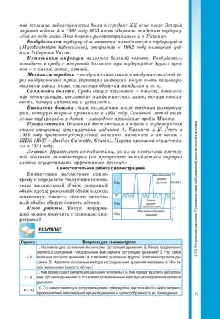 75
няя вспышка заболеваемости была в середине XX века после Второй
мировой войны. А в 1995 году ВОЗ вновь объявила эпидемию туберку-
лёза во всём мире. Эта болезнь распространилась и в Украине.
Возбудителем туберкулёза является микобактерия туберкулёза
(Mycobacterium tuberculosis), открытая в 1882 году немецким учё-
ным Робертом Кохом.
Источником инфекции является больной человек. Возбудитель
попадает в среду с мокротой больного, при туберкулёзе других орга-
нов – с калом, мочой, слюной.
Механизм передачи – воздушно-капельный и воздушно-пылевой че-
рез воздухоносные пути. Воротами инфекции могут быть пищевари-
тельный канал, кожа, слизистая оболочка миндалин и т. п.
Симптомы болезни. Среди общих признаков – кашель, повышен-
ная температура, увеличение лимфатических узлов, ночная потли-
вость, потеря аппетита и усталость.
Выявление болезни стало возможным после введения флюорогра-
фии, которую впервые применили в 1924 году. Основной метод выяв-
ления туберкулёза у детей – ежегодное проведение пробы Манту.
Профилактика. Основным достижением в борьбе с туберкулёзом
стало открытие французскими учёными А. Кальмет и К. Герен в
1919 году противотуберкулёзной вакцины, названной в их честь –
БЦЖ (BCG – Bacilles Calmette, Geurin). Первая прививка осуществи-
ли в 1921 году.
Лечение. Применяют антибиотики, но из-за необычной клеточ-
ной оболочки микобактерии (не пропускает антибиотики внутрь)
сложно осуществлять эффективное лечение.»
Самостоятельная работа с иллюстрацией
Внимательно рассмотрите спиро­
граму и определите следующие показа­
тели: дыхательный объём; резервный
объём вдоха; резервный объём выдоха;
жизненную ёмкость лёгких; остаточ­
ный объём; общую ёмкость лёгких.
Итог работы. Какую информа­
цию можно получить с помощью спи­
рограмм?
	РЕЗУЛЬТАТ
Оценка Вопросы для самоконтроля
1 – 6
1. Назовите два основных механизма регуляции дыхания. 2. Какое соединение
является основным гуморальным фактором в регуляции дыхания? 3. Что такое
болезни органов дыхания? 4. Назовите основные группы болезней органов ды-
хания. 5. Назовите основные методы исследования дыхания человека. 6. Что та-
кое жизненная ёмкость лёгких?
7 – 9
7. Как происходит регуляция дыхания человека? 8. Как предотвратить заболева-
ние органов дыхания? 9. Назовите современные методы исследования органов
дыхания.
10 – 12
10.Составьтепамяткуопредупреждениитуберкулёза,вкоторойобоснуйтемерыпо
профилактике заболеваний органов дыхания и целесообразность их проведения.
Максимальный
уровень
вдыханияРОВд
ДО
РОВд
РОВд
6,0
объем, л
2,7
2,2
1,2
0
Уровень
дыхания
в состоянии покоя
Максимальный уровень
вдыхания
§16.Регуляциядыхания.Профилактиказаболеванийдыхательнойсистемы
 