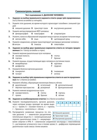 7777
	 Самоконтроль знаний
Тест-оценивание 4. ДЫХАНИЕ ЧЕЛОВЕКА
І. 	 Задания на выбор правильного варианта ответа среди трёх предложенных
(по 0,5 балла за каждое из четырёх).
1. 	 Укажите этап дыхания, во время которого происходит газообмен с внешней сре-
дой:
	 А	 внешнее дыхание	 Б	 транспорт газов	 В	 внутреннее дыхание
2. 	 Укажите метод определения ЖЁЛ человека:
	 А	флюорография	 Б	томография	 В	спирометрия
3. 	 Укажите, какое из образований закрывает вход в гортань во время глотания пищи:
	 А	 мягкое нёбо	 Б	язык	 В	 щитовидный хрящ
4. 	 Укажите соединение, которое транспортирует кислород в организме человека:
	 А пепсин	 Б	глюкоза	 В	гемоглобин
ІІ. 	 Задания на выбор двух правильных вариантов ответа из четырех предло-
женных (по 1 баллу за каждое из трех).
5. 	 Укажите верхние дыхательные пути человека:
	 А	 носовая полость			 Б	глотка
	 В	гортань			 Г	бронхи
6. 	 Укажите мышцы, осуществляющие вдох человека в состоянии покоя:
	 А	межрёберные			 Б	круговые
	 В	диафрагма			 Г	грудные
7. 	 Назовите болезни органов дыхания:
	 А	панкреатит			 Б	пневмония
	 В	гастрит			 Г	ангина
ІІІ. 	 Задания на выбор трёх правильных вариантов ответа из шести предложен-
ных (по 1,5 балла за каждое).
8. 	 Назовите объёмы, образующие жизненную ёмкость лёгких:
	 А	дыхательный	 Б	остаточный	 В	дополнительный	
	 Г	 мёртвое пространство	 Д	резервный	 Е	функциональный
9.	 Укажите нижние воздухоносные пути:
	 А	 носовая полость	 Б	глотка	 В	гортань
	 Г	трахея	 Д	бронхи	 Е	лёгкие
ІV.	 Задания на комбинирование ответов (по 2 балла за каждое).
10.	Укажите последовательность органов дыхания,
через которые воздух проходит во время выдо-
ха: а – трахея; б – носовая полость; в – гортань;
г – бронхи; д – носоглотка; е – лёгкие.
11.	Распределите названные процессы по эта-
пам дыхания: 1 – химическое расщепление
питательных веществ; 2 – конвенциональный
перенос дыхательных газов; 3 – аккумулиро-
вание энергии в АТФ; 4 – химическое соединение кислорода с гемоглобином;
5 – растворение углекислого газа в плазме крови; 6 – диффузное перемещение
дыхательных газов сквозь стенки альвеол.
1 2 3 4 5 6
А	 Внешнее дыхание
Б	 Транспорт газов
В	 Внутреннее дыхание
Самоконтрользнаний
 