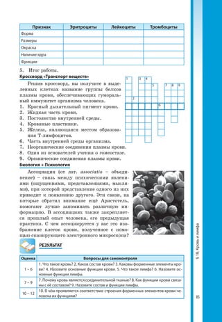 85
§18.Кровьилимфа
Признак Эритроциты Лейкоциты Тромбоциты
Форма
Размеры
Окраска
Наличие ядра
Функции
5.	 Итог работы.
Кроссворд «Транспорт веществ»
Решив кроссворд, вы получите в выде-
ленных клетках название группы белков
плазмы крови, обеспечивающих гумораль-
ный иммунитет организма человека.
1.	 Красный дыхательный пигмент крови.
2.	 Жидкая часть крови.
3.	 Постоянство внутренней среды.
4.	 Кровяные пластинки.
5.	 Железа, являющаяся местом образова-
ния Т-лимфоцитов.
6.	 Часть внутренней среды организма.
7.	 Неорганические соединения плазмы крови.
8.	 Один из основателей учения о гомеостазе.
9.	 Органические соединения плазмы крови.
Биология + Психология
Ассоциация (от лат. associatio – объеди-
нение) – связь между психическими явлени-
ями (ощущениями, представлениями, мысля-
ми), при которой представление одного из них
приводит к появлению другого. Эти связи, на
которые обратил внимание ещё Аристотель,
помогают лучше запоминать различную ин-
формацию. В ассоциациях также закрепляет-
ся прошлый опыт человека, его предыдущая
практика. С чем ассоциируется у вас это изо-
бражение клеток крови, полученное с помо-
щью сканирующего электронного микроскопа?
	РЕЗУЛЬТАТ
Оценка Вопросы для самоконтроля
1 – 6
1. Что такое кровь? 2. Каков состав крови? 3. Каковы форменные элементы кро­
ви? 4. Назовите основные функции крови. 5. Что такое лимфа? 6. Назовите ос­
новные функции лимфы.
7 – 9
7. Почему кровь является соединительной тканью? 8. Как функции крови связа­
ны с её составом? 9. Назовите состав и функции лимфы.
10 – 12
10. В чём проявляется соответствие строения форменных элементов крови че­
ловека их функциям?
1 3 4
5 7 8 9
2
6
 