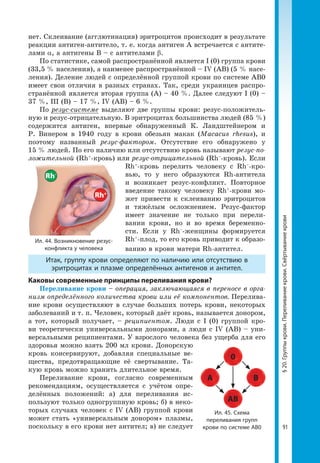 91
§20.Группыкрови.Переливаниекрови.Свёртываниекрови
нет. Склеивание (агглютинация) эритроцитов происходит в результате
реакции антиген-антитело, т. е. когда антиген А встречается с антите-
лами α, а антигены В – с антителами β.
По статистике, самой распространённой является I (0) группа крови
(33,5 % населения), а наименее распространённой – IV (АВ) (5 % насе-
ления). Деление людей с определённой группой крови по системе АВ0
имеет свои отличия в разных странах. Так, среди украинцев распро-
странённой является вторая группа (А) – 40 %. Далее следуют I (0) –
37 %, III (В) – 17 %, IV (АВ) – 6 %.
По резус-системе выделяют две группы крови: резус-положитель-
ную и резус-отрицательную. В эритроцитах большинства людей (85 %)
содержится антиген, впервые обнаруженный К. Ландштейнером и
Р. Винером в 1940 году в крови обезьян макак (Macacus rhesus), и
поэтому названный резус-фактором. Отсутствие его обнаружено у
15 % людей. По его наличию или отсутствию кровь называют резус-по-
ложительной (Rh+
-кровь) или резус-­отрицательной (Rh–
-кровь). Если
Rh+
-кровь перелить человеку с Rh–
-кро-
вью, то у него образуются Rh-­антитела
и возникает резус-конфликт. Повторное
введение такому человеку Rh+
-крови мо-
жет привести к склеиванию эритроцитов
и тяжёлым осложнением. Резус-фактор
имеет значение не только при перели-
вании крови, но и во время беременно-
сти. Если у Rh–
-женщины формируется
Rh+
-плод, то его кровь приводит к образо-
ванию в крови матери Rh-антител.
Итак, группу крови определяют по наличию или отсутствию в
эритроцитах и плазме определённых антигенов и антител.
Каковы современные принципы переливания крови?
Переливание крови – операция, заключающаяся в переносе в орга-
низм определённого количества крови или её компонентов. Перелива-
ние крови осуществляют в случае больших потерь крови, некоторых
заболеваний и т. п. Человек, который даёт кровь, называется донором,
а тот, который получает, – реципиентом. Люди с I (0) группой кро-
ви теоретически универсальными донорами, а люди с IV (АВ) – уни-
версальными реципиентами. У взрослого человека без ущерба для его
здоровья можно взять 200 мл крови. Донорскую
кровь консервируют, добавляя специальные ве-
щества, предотвращающие её свертывание. Та-
кую кровь можно хранить длительное время.
Переливание крови, согласно современным
рекомендациям, осуществляется с учётом опре-
делённых положений: а) для переливания ис-
пользуют только одногруппную кровь; б) в неко-
торых случаях человек с IV (AB) группой крови
может стать «универсальным донором» плазмы,
поскольку в его крови нет антител; в) не следует
Ил. 44. Возникновение резус-
конфликта у человека
0
АВ
А В
Ил. 45. Схема
переливания групп
крови по системе АВ0
 