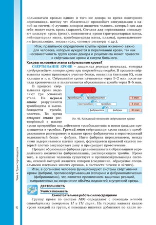 Тема4.Транспортвеществ
92
пользоваться кровью одного и того же донора во время повторного
переливания, потому что обязательно произойдет иммунизация в од-
ной из систем; г) лучшим донором является человек, который сам для
себя может сдать кровь (заранее). Сегодня для переливания использу-
ют цельную кровь (реже), компоненты крови (эритроцитарная масса,
лейкоцитарная масса, тромбоцитарная масса, плазма), кровезамените-
ли (полиглюкин, желатиноль, солевые растворы и др.).
Итак, правильное определение группы крови жизненно важно
для человека, который нуждается в переливании крови, так как
несовместимость групп крови донора и реципиента может привести
к свёртыванию крови и смерти больного.
Каковы основные этапы свёртывания крови?
СВЁРТЫВАНИЕ КРОВИ – защитная реакция организма, которая
предупреждает потерю крови при повреждении сосудов. В процессе свёр-
тывания крови принимают участие белки, витамины (витамин К), соли
кальция и т. п. Свёртывание крови начинается через 1–2 мин после на-
чала кровотечения и заканчивается образованием тромба через 3–5 мин.
В процессе свёр-
тывания крови выде-
ляют три основных
этапа. На первом
этапе разрушаются
тромбоциты и высво-
бождается тромбо-
пластин. Во время
второго этапа рас-
творённый в плазме
крови протромбин под действием тромбопластина и ионов кальция пре-
вращается в тромбин. Третий этап свёртывания крови связан с преоб-
разованием растворимого в плазме крови фибриногена в нерастворимый
волокнистый белок – фибрин. Нити фибрина переплетаются, между
ними задерживаются клетки крови, формируется кровяной сгусток ко-
торый плотно закупоривает рану и прекращает кровотечение.
Процесс образования фибрина уравновешивается образованием опре-
делённого количества фибринолизина, растворяющего тромбы. Кроме
того, в организме человека существует и противосвёртывающая систе-
ма, основой которой является гепарин (соединение, образуемое специ-
альными клетками многих органов, в частности печени и лёгких).
Итак, в организме человека функционируют системы свёртывания
крови (фибрин), противосвёртывающая (гепарин) и фибринолитическая
(фибринолизин), что является проявлением защитных реакций,
направленных на сохранение объёма жидкостей внутренней среды.
	 ДЕЯТЕЛЬНОСТЬ
	 Учимся познавать
Самостоятельная работа с иллюстрациями
Группу крови по системе АВ0 определяют с помощью метода
станда­ртных сывороток II и III групп. На тарелку наносят каплю
крови каж­дой из групп, с помощью пипетки добавляют по капле ис-
І этап
ІІ этап
ІІІ этап
протромбин
фибриноген
тромбин
фибрин
тромбоциты тромбопластин
Са2+
Са2+
Ил. 46. Каскадный механизм свёртывания крови
 