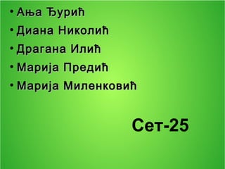 ●
Ања ЂурићАња Ђурић
●
Диана НиколићДиана Николић
●
Драгана ИлићДрагана Илић
●
Марија ПредићМарија Предић
●
ММарија Миленковићарија Миленковић
Сет-25
 