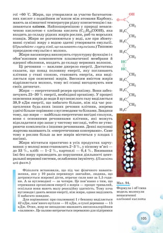 гої +60 °С. Жири, що утворилися за участю багатоатом-
них кислот з подвійним зв’язком між атомами Карбону,
мають за кімнатної температури рідку консистенцію і на-
зиваються оліями. Найпоширенішою у природі ненаси-
ченою кислотою є олеїнова кислота (С17Н33СООН), яка
входить до складу рідких жирів рослин, риб та морських
ссавців. Жири не розчинюються у воді, але при збовту-
ванні суміші жиру з водою здатні утворювати емульсії.
(Пригадайте з курсу хімії, що називають емульсіями.) Типовою
природною емульсію є молоко.
Жири насамперед виконують структурну функцію і є
обов’язковим компонентом плазматичної мембрани й
ядерної оболонки, входять до складу нервових волокон.
Ці речовини — важливе джерело енергії. Достатньо
сказати, що понад половину енергії, яку поглинають
клітини у стані спокою, становить енергія, яка виді-
ляється при окисненні жирів. Високим вмістом жирів
відрізняється молоко, тому всі ссавці вигодовують ним
своїх дитинчат.
Жири — енергетичний резерв організму. Вони забез-
печують 25–30 % енергії, необхідної організму. У процесі
окиснення жирів до води й вуглекислого газу виділяється
38,9 кДж енергії, що набагато більше, ніж під час роз-
щеплення будь яких інших речовин клітини, зокрема
удвічі більше порівняно з вуглеводами та білками. Завдяки
тому, що жири — найбільш енергетично вигідні сполуки,
вони є основними речовинами клітини, які можуть
відкладатися про запас у чистому вигляді, тобто не утво-
рюючи комплексів з іншими речовинами. Деякі науковці
жартома називають їх «енергетичними консервами». Саме
тому в рослин більш за все жирів міститься у плодах і
насінні.
Жири містяться практично в усіх продуктах харчу-
вання: у молоці вони становлять 2–3 %, у пісному м’ясі —
до 33 %, хлібі — 1–2 %, картоплі — 0,4 %. Вживання
їжі без жиру призводить до порушення діяльності цент-
ральної нервової системи, ослаблення імунітету. (Поясніть
цей факт.)
Фізіологи встановили, що під час фізичного наванта-
ження, яке у 10 разів перевищує звичайне, людина, що
дотримується жирової дієти, втрачає сили вже за 1,5 годи-
ни. А за вуглеводної — за чотири. Це пов’язано з тим, що
отримання організмом енергії з жирів — процес тривалий,
оскільки вони мають малу реакційну здатність. Тому хоча
вуглеводи і дають менше енергії, ніж жири, однак виділяють
її набагато швидше.
Для порівняння: при спалюванні 1 г бензину виділяється
42 кДж, кам’яного вугілля — 31 кДж, а сухої деревини — 15
кДж. Отже, жир не випадково вважають висококалорійним
«паливом». Це паливо витрачається переважно для підтримки
105
Мал. 94.
Формула і об’ємна
модель молекули
ненасиченої
олеїнової кислоти
 