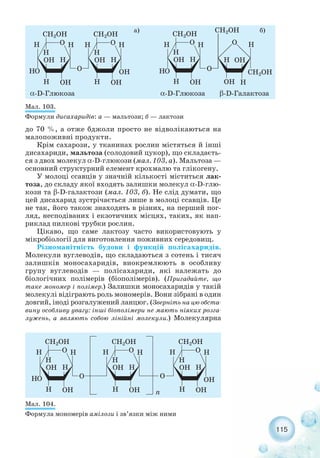 115
Мал. 103.
Формули дисахаридів: а — мальтози; б — лактози
Мал. 104.
Формула мономерів амілози і зв’язки між ними
до 70 %, а отже бджоли просто не відволікаються на
малопоживні продукти.
Крім сахарози, у тканинах рослин містяться й інші
дисахариди, мальтоза (солодовий цукор), що складаєть-
ся з двох молекул α D глюкози (мал. 103, а). Мальтоза —
основний структурний елемент крохмалю та глікогену.
У молоці ссавців у значній кількості міститься лак-
тоза, до складу якої входять залишки молекул α D глю-
кози та β D галактози (мал. 103, б). Не слід думати, що
цей дисахарид зустрічається лише в молоці ссавців. Це
не так, його також знаходять в різних, на перший пог-
ляд, несподіваних і екзотичних місцях, таких, як нап-
риклад пилкові трубки рослин.
Цікаво, що саме лактозу часто використовують у
мікробіології для виготовлення поживних середовищ.
Різноманітність будови і функцій полісахаридів.
Молекули вуглеводів, що складаються з сотень і тисяч
залишків моносахаридів, виокремлюють в особливу
групу вуглеводів — полісахариди, які належать до
біологічних полімерів (біополімерів). (Пригадайте, що
таке мономер і полімер.) Залишки моносахаридів у такій
молекулі відіграють роль мономерів. Вони зібрані в один
довгий, іноді розгалужений ланцюг. (Зверніть на цю обста-
вину особливу увагу: інші біополімери не мають ніяких розга-
лужень, а являють собою лінійні молекули.) Молекулярна
а) б)
 