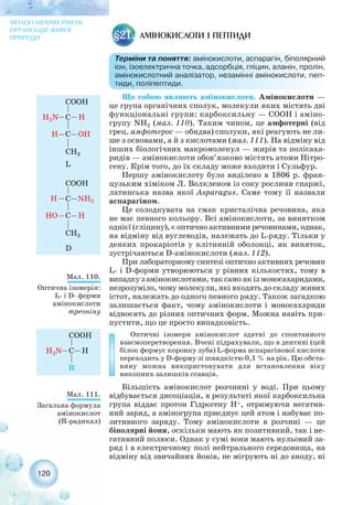 120
МОЛЕКУЛЯРНИЙ РІВЕНЬ
ОРГАНІЗАЦІЇ ЖИВОЇ
ПРИРОДИ
Що собою являють амінокислоти. Амінокислоти —
це група органічних сполук, молекули яких містять дві
функціональні групи: карбоксильну — СООН і аміно-
групу NH2 (мал. 110). Таким чином, це амфотерні (від
грец. амфотерос — обидва) сполуки, які реагують не ли-
ше з основами, а й з кислотами (мал. 111). На відміну від
інших біологічних макромолекул — жирів та полісаха-
ридів — амінокислоти обов’язково містять атоми Нітро-
гену. Крім того, до їх складу може входити і Сульфур.
Першу амінокислоту було виділено в 1806 р. фран-
цузьким хіміком Л. Волкленом із соку рослини спаржі,
латинська назва якої Asparagus. Саме тому її назвали
аспарагіном.
Це солодкувата на смак кристалічна речовина, яка
не має певного кольору. Всі амінокислоти, за винятком
однієї (гліцину), є оптично активними речовинами, однак,
на відміну від вуглеводів, належать до L ряду. Тільки у
деяких прокаріотів у клітинній оболонці, як виняток,
зустрічаються D амінокислоти (мал. 112).
При лабораторному синтезі оптично активних речовин
L і D форми утворюються у рівних кількостях, тому в
випадку з амінокислотами, так само як із моносахаридами,
незрозуміло, чому молекули, які входять до складу живих
істот, належать до одного певного ряду. Також загадкою
залишається факт, чому амінокислоти і моносахариди
відносять до різних оптичних форм. Можна навіть при-
пустити, що це просто випадковість.
Оптичні ізомери амінокислот здатні до спонтанного
взаємоперетворення. Вчені підрахували, що в дентині (цей
білок формує коронку зуба) L форма аспарагінової кислоти
переходить у D форму зі швидкістю 0,1 % на рік. Цю обста-
вину можна використовувати для встановлення віку
викопних залишків ссавців.
Більшість амінокислот розчинні у воді. При цьому
відбувається дисоціація, в результаті якої карбоксильна
група віддає протон Гідрогену H+, отримуючи негатив-
ний заряд, а аміногрупа приєднує цей атом і набуває по-
зитивного заряду. Тому амінокислоти в розчині — це
біполярні йони, оскільки мають як позитивний, так і не-
гативний полюси. Однак у сумі вони мають нульовий за-
ряд і в електричному полі нейтрального середовища, на
відміну від звичайних йонів, не мігрують ні до аноду, ні
АМІНОКИСЛОТИ І ПЕПТИДИ§21.
Терміни та поняття: амінокислоти, аспарагін, біполярний
іон, ізоелектрична точка, адсорбція, гліцин, аланін, пролін,
амінокислотний аналізатор, незамінні амінокислоти, пеп-
тиди, поліпептиди.
Мал. 110.
Оптична ізомерія:
L і D форми
амінокислоти
треоніну
Мал. 111.
Загальна формула
амінокислот
(R радикал)
 