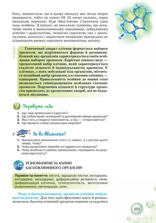 223
боку, вважається, що в цьому випадку має місце теорія
імовірності, тобто на кожні 10–15 тисяч чоловік, через
випадкові причини, буде обов’язково з’являтися одна
така особина. З іншого, не викликає сумнівів, що нега-
тивні зміни в навколишньому середовищі, забруднення
хімічне і радіологічне, неякісна сурогатна їжа і напої,
паління, алкоголь і наркотики неодмінно призводять до
підвищення ризику народити неповноцінну дитину.
1. Що таке хромосома й каріотип?
2. Що собою являє гаплоїдний та диплоїдний набори хромосом?
3. Яка стать у людини гомогаметна, а яка — гетерогаметна?
4. Що являють собою хромосомні хвороби?
Генетичний апарат клітини формується набором
хромосом, що відрізняються формою й розмірами.
Кожний вид організмів характеризується своїм особ-
ливим набором хромосом. Каріотип певного виду —
хромосомний набір клітини, який характеризується
сталістю кількості й індивідуальністю хромосом. У
клітинах, з яких побудовані тіла організмів, містить-
ся подвійний набір хромосом, а в статевих клітинах —
одинарний. Приналежність особини до певної статі
визначається співвідношенням особливих статевих
хромосом. Порушення кількості й структури хромо-
сом призводить до хромосомних хвороб, які не підда-
ються лікуванню.
1. Хромосомне визначення статі є у тварин, а у рослин цього
немає. Чому?
2. Чому хромосомні хвороби не піддаються лікуванню?
3. Чому особини із зайвою хромосомою страждають на розу-
мову відсталість?
РІЗНОМАНІТНІСТЬ КЛІТИН
БАГАТОКЛІТИННОГО ОРГАНІЗМУ
§42.
Терміни та поняття: зигота, зародкові листки, ектодерма,
ентодерма, мезодерма, диференційна активність генів,
диференціація клітинна, тотипотентність, вегетативне
розмноження, регенерація, клон.
Чому в багатоклітинному організмі клітини побудо-
вані по різному. Для того щоб ефективно жити й розмно-
жуватися, багатоклітинний організм повинен складатися
 