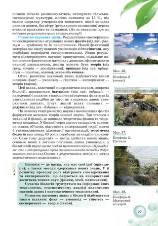 27
комахи почали розмножуватись, знищувати сільсько-
господарські культури, кисень знизився до 15 %, під
склом щоранку утворювався конденсат, який випадав
рясним дощем, без вітру (регулярного коливання) дерева
ставали крихкими та ламалися. (Як ви вважаєте, про що
свідчать результати цього експерименту?)
Розвиток наукових знань. Результатами спостережень
чи експериментів є отримання нових фактів (від лат. фак-
тум — зроблене) та їх накопичення. Новий фактичний
матеріал дає змогу шляхом умовиводів дійти гіпотези, яку
необхідно перевірити експериментально. Якщо резуль-
тати підтверджують наукове припущення, подальше на-
копичення фактичного матеріалу дозволяє сформулювати
наукові узагальнення, якими можуть бути теорія (від
грец. теоріа — дослідження), принцип (від лат. прінці-
піум — початок, основа), закон або вчення.
Отже, розвиток наукових знань відбувається таким
шляхом: факт — умовивід — гіпотеза — експеримент —
теорія (закон).
Цей шлях, властивий природничим наукам, зокрема
біології, називається індукцією (від лат. індукціо —
наведення) і полягає в накопиченні окремих фактів та їх
узагальненні подібно до того, як з окремих ланок утво-
рюється ланцюг. Існує інший шлях пізнання —
дедукція (від лат. дедукціо — відведення).
На певному етапі розвитку науки і накопичення фактів
формується загальна теорія кожної науки. Так сталося в
механіці й фізиці, де виникли теоретична фізика та теоре-
тична механіка. У біології через значну складність вивчен-
ня живих об’єктів, відсутність універсальної теорії життя
й унеможливлення цілковитої математизації, теоретична
біологія вже понад 40 років перебуває на стадії становлен-
ня. Саме тому дедукція — метод здобуття нових знань,
основою якого є логічно пов’язана ланка умовиводів, у
біологічній науці ще не посіла належного місця. (Пригадай-
те, хто з літературних героїв досконало володів методом дедук-
тивного мислення.) Одним з дедуктивних методів є метод
математичного моделювання.
Мал. 56.
Біосфера 2
(ззовні)
Мал. 58.
Біосфера 2.
Мангровий
естуарій
Мал. 57.
Біосфера 2.
Пустеля
Біологія — це наука, яка має свої ідеї (принци-
пи), а також методи одержання нових знань. У її
розвитку провідну роль відіграють спостереження
та експерименти, що базуються на використанні
досягнень точних наук (фізики, хімії, математики).
Сучасна біологія ґрунтується на інформаційних
технологіях, статистичному аналізі величезних
масивів даних і математичному моделюванні.
Розвиток наукових знань у біології відбувається
таким шляхом: факт — умовивід — гіпотеза —
експеримент — теорія (закон).
 