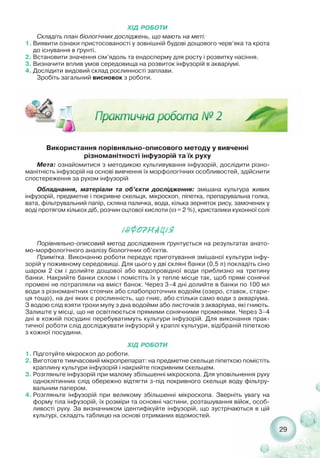 29
ХІД РОБОТИ
Складіть план біологічних досліджень, що мають на меті:
1. Виявити ознаки пристосованості у зовнішній будові дощового черв’яка та крота
до існування в ґрунті.
2. Встановити значення сім’ядоль та ендосперму для росту і розвитку насіння.
3. Визначити вплив умов середовища на розвиток інфузорій в акваріумі.
4. Дослідити видовий склад рослинності заплави.
Зробіть загальний висновок з роботи.
Використання порівняльно описового методу у вивченні
різноманітності інфузорій та їх руху
Мета: ознайомитися з методикою культивування інфузорій, дослідити різно-
манітність інфузорій на основі вивчення їх морфологічних особливостей, здійснити
спостереження за рухом інфузорій
Обладнання, матеріали та об’єкти дослідження: змішана культура живих
інфузорій, предметне і покривне скельця, мікроскоп, піпетка, препарувальна голка,
вата, фільтрувальний папір, скляна паличка, вода, кілька зерняток рису, замочених у
воді протягом кількох діб, розчин оцтової кислоти (ω = 2 %), кристалики кухонної солі
²ÍÔÎÐÌÀÖ²ß
Порівняльно описовий метод дослідження ґрунтується на результатах анато-
мо морфологічного аналізу біологічних об’єктів.
Примітка. Виконанню роботи передує приготування змішаної культури інфу-
зорій у поживному середовищі. Для цього у дві скляні банки (0,5 л) покладіть сіно
шаром 2 см і долийте дощової або водопровідної води приблизно на третину
банки. Накрийте банки склом і помістіть їх у тепле місце так, щоб прямі сонячні
промені не потрапляли на вміст банок. Через 3–4 дні долийте в банки по 100 мл
води з різноманітних стоячих або слабопроточних водойм (озеро, ставок, стари-
ця тощо), на дні яких є рослинність, що гниє, або стільки само води з акваріума.
З водою слід взяти трохи мулу з дна водойми або листочків з акваріума, які гниють.
Залиште у місці, що не освітлюється прямими сонячними променями. Через 3–4
дні в кожній посудині перебуватимуть культури інфузорій. Для виконання прак-
тичної роботи слід досліджувати інфузорій у краплі культури, відібраній піпеткою
з кожної посудини.
ХІД РОБОТИ
1. Підготуйте мікроскоп до роботи.
2. Виготовте тимчасовий мікропрепарат: на предметне скельце піпеткою помістіть
краплину культури інфузорій і накрийте покривним скельцем.
3. Розгляньте інфузорій при малому збільшенні мікроскопа. Для уповільнення руху
одноклітинних слід обережно відтягти з під покривного скельця воду фільтру-
вальним папером.
4. Розгляньте інфузорій при великому збільшенні мікроскопа. Зверніть увагу на
форму тіла інфузорій, їх розміри та основні частини, розташування війок, особ-
ливості руху. За визначником ідентифікуйте інфузорій, що зустрічаються в цій
культурі, складіть таблицю на основі отриманих відомостей.
 