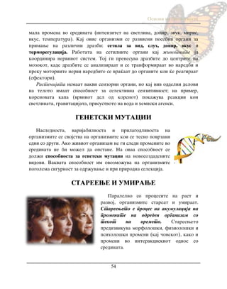 Osnovi na biologijata
54
mala promena vo sredinata (intenzitet na svetlina, dopir, zvuk, miris,
vkus, temperatura). Kaj ovie organizmi se razvieni posebni organi za
primawe na razli~ni drazbi: setila za vid, sluh, dopir, vkus i
termoregulacija. Rabotata na setilnite organi kaj `ivotnite ja
koordinira nervniot sistem. Toj gi prenesuva drazbite do centrite na
mozokot, kade drazbite se analiziraat i se tranformiraat vo naredbi i
preku motornite nervi naredbite se vra}aat do organite koi }e reagiraat
(efektori).
Rastenijata nemaat vakvi senzorni organi, no kaj niv oddelni delovi
na teloto imaat sposobnost za selektivna senzitivnost; na primer,
korenovata kapa (vrvniot del od korenot) poka`uva reakcii kon
svetlinata, gravitacijata, prisustvoto na voda i hemiski agensi.
GENETSKI MUTACII
Naslednosta, varijabilnosta i prilagodlivosta na
organizmite se svojstva na organizmite koi se tesno povrzani
edni so drugi. Ako `iviot organizam ne gi sledi promenite vo
sredinata ne bi mo`el da opstane. Na ovaa sposobnost se
dol`i sposobnosta za genetski mutacii na novosozdadenite
vidovi. Vakvata sposobnost im ovozmo`uva na organizmite
pogolema sigurnost za odr`uvawe i pri prirodna selekcija.
STAREEWE I UMIRAWE
Paralelno so procesite na rast i
razvoj, organizmite stareat i umiraat.
Stareeweto e proces na akumulacija na
promenite na odreden organizam so
tekot na vremeto. Stareeweto
predizvikuva morfolo{ki, fiziolo{ki i
psiholo{ki promeni (kaj ~ovekot), kako i
promeni vo interakciskiot odnos so
sredinata.
 