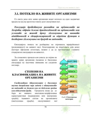 Pregled na `iviot svet
70
3.1. POTEKLO NA @IVITE ORGANIZMI
Se smeta deka site `ivi organizmi vodat poteklo od eden zaedni~ki
predok na koj mu pretstoel mnogu dolg evolutiven pat.
Evolucija pretstavuva razvitok na organizmite na
Zemjata; opfa}a golema prisposobenost na organizmite kon
uslovite za `ivot preku zgolemuvawe na nivnata
adaptivnost i specijaliziranost za odredeni funkcii i
postojano zgolemuvawe na brojot na vidovite.
Evolucijata pomaga vo razbirawe na ogromnata varijabilnost
(raznovidnost) na `iviot svet. Blagodarenie na podatocite koi denes
postojat (fosilni ostatoci), mo`no e da se pretpostavat glavnite
stadiumi vo evolucijata na `ivotot.
Za slo`enite procesi koi dovele do pojava na
prvite `ivi organizmi (hemiska i biolo{ka
evolucija) }e naso~ime vnimanie vo slednovo
poglavje.
STEPENI NA
KLASIFIKACIJA NA @IVITE
ORGANIZMI
Sistematika (taksonomija) e biolo{ka
nau~na disciplina ~ija zada~a e opi{uvaweto
na vidovite vo pomali ili vo pogolemi srodni
ili oddale~eni grupi. Srodnosta mo`e da se
bara vo nivnite anatomsko-morfolo{ki
karakteristiki (nadvore{na ili vnatre{na
gradba), tkivniot sostav na organizmite
(histolo{ka gradba), evolutivniot pat
Сл.3. 2 Sistematski
kategorii
 
