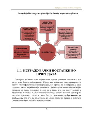 Istra`uvawe vo biologijata
4
Biologijata e nauka koja opfa}a pove}e nau~ni discplini.
1.1. ISTRA@UVA^KI POSTAPKI VO
PRIRODATA
Postojano dobivame novi informacii, idei i razli~ni mislewa za koi
naj~esto ne barame objasnuvawe. I koga sme navistina zainteresirani za
ne{to, go prifa}ame kako informacija, bez pritoa da se zapra{ame kako
se do{lo do taa informacija, dali sme go dobile celosniot izve{taj koj se
odnesuva na nekoe pra{awe, i ako ne e taka, {to od izvestuvaweto e
izostaveno i zo{to? Ako navistina sakame da dademe celosen odgovor na
odredeno pra{awe, toga{ e potrebno da napravime istra`uvawe na
problemot, pri {to }e se slu`ime so mnogu razli~ni teorii i hipotezi
(pretpostavki) vo tekot na istra`uvaweto.
BIOLOGIJA
BIOHEMIJA
prou~uva: hemizmi
na metaboli~kite
procesi kaj
`ivite organizmi
MOLEKULARNA
BIOLOGIJA
prou~uva: kompleksni
interakcii na
sistemite na
biolo{kite
molekuli na
molekularno nivo
KLETO^NA
BIOLOGIJA
prou~uva: osnovnite
gradbeni edinici na
`ivata materija-
kletkite
FIZIOLOGIJA
prou~uva: fizi~ki i
hemiski funkcii na
tkivata, organite
i organskite
sistemi
EKOLOGIJA
prou~uva:
interakcija na
razli~nite
organizmi i nivnata
povrzanost so
sredinata
 