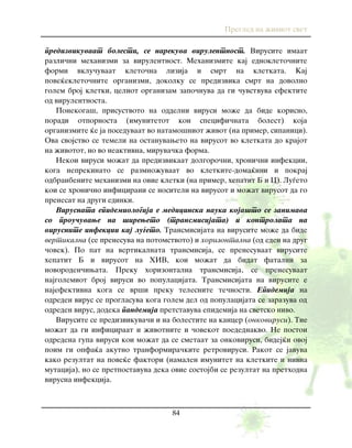 Pregled na `iviot svet
84
predizvikuvaat bolesti, se narekuva virulentnost. Virusite imaat
razli~ni mehanizmi za virulentnost. Mehanizmite kaj ednokleto~nite
formi vklu~uvaat kleto~na lizija i smrt na kletkata. Kaj
pove}ekleto~nite organizmi, dokolku se predizvika smrt na dovolno
golem broj kletki, celiot organizam zapo~nuva da gi ~uvstvuva efektite
od virulentnosta.
Ponekoga{, prisustvoto na oddelni virusi mo`e da bide korisno,
poradi otpornosta (imunitetot kon specifi~nata bolest) koja
organizmite }e ja poseduvaat vo natamo{niot `ivot (na primer, sipanici).
Ova svojstvo se temeli na ostanuvaweto na virusot vo kletkata do krajot
na `ivotot, no vo neaktivna, miruva~ka forma.
Nekoi virusi mo`at da predizvikaat dolgoro~ni, hroni~ni infekcii,
koga neprekinato se razmno`uvaat vo kletkite-doma}ini i pokraj
odbranbenite mehanizmi na ovie kletki (na primer, hepatit B i C). Lu|eto
koi se hroni~no inficirani se nositeli na virusot i mo`at virusot da go
prenesat na drugi edinki.
Virusnata epidemiologija e medicinska nauka koja{to se zanimava
so prou~uvawe na {ireweto (transmisijata) i kontrolata na
virusnite infekcii kaj lu|eto. Transmisijata na virusite mo`e da bide
vertikalna (se prenesuva na potomstvoto) i horizontalna (od eden na drug
~ovek). Po pat na vertikalnata transmisija, se prenesuvaat virusite
hepatit B i virusot na HIV, koi mo`at da bidat fatalni za
novoroden~iwata. Preku horizontalna transmisija, se prenesuvaat
najgolemiot broj virusi vo populacijata. Transmisijata na virusite e
najefektivna koga se vr{i preku telesnite te~nosti. Epidemija na
odreden virus se proglasuva koga golem del od populacijata se zarazuva od
odreden virus, dodeka pandemija pretstavuva epidemija na svetsko nivo.
Virusite se predizvikuva~i i na bolestite na kancer (onkovirusi). Tie
mo`at da gi inficiraat i `ivotnite i ~ovekot poedednakvo. Ne postoi
odredena gupa virusi koi mo`at da se smetaat za onkovirusi, bidej}i ovoj
poim gi opfa}a akutno tranformira~kite retrovirusi. Rakot se javuva
kako rezultat na pove}e faktori (namalen imunitet na kletkite i nivna
mutacija), no se pretpostavuva deka ovie sostojbi se rezultat na prethodna
virusna infekcija.
 