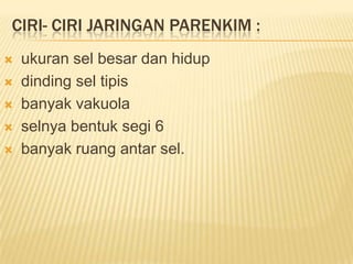 CIRI- CIRI JARINGAN PARENKIM :







ukuran sel besar dan hidup
dinding sel tipis
banyak vakuola
selnya bentuk segi 6
banyak ruang antar sel.

 