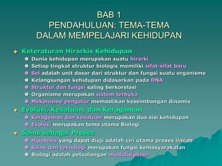 BAB 1
PENDAHULUAN: TEMA-TEMA
DALAM MEMPELAJARI KEHIDUPAN
 Keteraturan Hirarkis Kehidupan
 Dunia kehidupan merupakan suatu hirarki
 Setiap tingkat struktur biologis memiliki sifat-sifat baru
 Sel adalah unit dasar dari struktur dan fungsi suatu organisme
 Kelangsungan kehidupan didasarkan pada DNA
 Struktur dan fungsi saling berkorelasi
 Organisme merupakan sistem terbuka
 Mekanisme pengatur memastikan keseimbangan dinamis
 Evolusi, Kesatuan, dan Keragaman
 Keragaman dan kesatuan merupakan dua sisi kehidupan
 Evolusi merupakan tema utama Biologi
 Sains sebagai Proses
 Hipotesis yang dapat diuji adalah ciri utama proses ilmiah
 Sains dan teknologi merupakan fungsi kemasyarakatan
 Biologi adalah petualangan multidisipliner
 