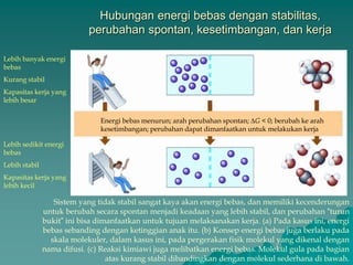 Hubungan energi bebas dengan stabilitas,
perubahan spontan, kesetimbangan, dan kerja
Lebih banyak energi
bebas
Kurang stabil
Kapasitas kerja yang
lebih besar
Lebih sedikit energi
bebas
Lebih stabil
Kapasitas kerja yang
lebih kecil
Energi bebas menurun; arah perubahan spontan; ∆G < 0; berubah ke arah
kesetimbangan; perubahan dapat dimanfaatkan untuk melakukan kerja
Sistem yang tidak stabil sangat kaya akan energi bebas, dan memiliki kecenderungan
untuk berubah secara spontan menjadi keadaan yang lebih stabil, dan perubahan “turun
bukit” ini bisa dimanfaatkan untuk tujuan melaksanakan kerja. (a) Pada kasus ini, energi
bebas sebanding dengan ketinggian anak itu. (b) Konsep energi bebas juga berlaku pada
skala molekuler, dalam kasus ini, pada pergerakan fisik molekul yang dikenal dengan
nama difusi. (c) Reaksi kimiawi juga melibatkan energi bebas. Molekul gula pada bagian
atas kurang stabil dibandingkan dengan molekul sederhana di bawah.
 