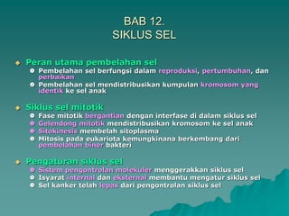 BAB 12.
SIKLUS SEL
 Peran utama pembelahan sel
 Pembelahan sel berfungsi dalam reproduksi, pertumbuhan, dan
perbaikan
 Pembelahan sel mendistribusikan kumpulan kromosom yang
identik ke sel anak
 Siklus sel mitotik
 Fase mitotik bergantian dengan interfase di dalam siklus sel
 Gelendong mitotik mendistribusikan kromosom ke sel anak
 Sitokinesis membelah sitoplasma
 Mitosis pada eukariota kemungkinana berkembang dari
pembelahan biner bakteri
 Pengaturan siklus sel
 Sistem pengontrolan molekuler menggerakkan siklus sel
 Isyarat internal dan eksternal membantu mengatur siklus sel
 Sel kanker telah lepas dari pengontrolan siklus sel
 