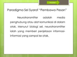 Paradigma Sel Syaraf “Pembawa Pesan”
Neurotransmitter adalah media
penghubung atau alat komunikasi di dalam
otak. Menurut biologi sel, neurotransmitter
ialah yang memberi penjelasan informasi-
informasi yang sampai ke otak.
materi
 