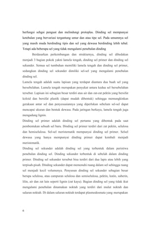 6
berfungsi sebgai penguat dan melindungi protoplas. Dinding sel mempunyai
ketebalan yang bervariasi tergantung umur dan atau tipe sel. Pada umumnya sel
yang masih muda berdinding tipis dan sel yang dewasa berdinding lebih tebal.
Tetapi ada beberapa sel yang tidak mengalami penebalan dinding
Berdasarkan perkembangan dan strukturnya, dinding sel dibedakan
menjadi 3 bagian pokok yakni lamela tengah, dinding sel primer dan dinding sel
sekunder. Semua sel tumbuhan memiliki lamela tengah dan dinding sel primer,
sedangkan dinding sel sekunder dimiliki sel-sel yang mengalami penebalan
dinding sel.
Lamela tengah adalah suatu lapisan yang terdapat diantara dua buah sel yang
bersebelahan. Lamela tengah merupakan penyekat antara kedua sel bersebelahan
tersebut. Lapisan ini sebagian besar terdiri atas air dan zat-zat pektin yang bersifat
koloid dan bersifat plastik (dapat mudah dibentuk) sehingga memungkinkan
gerakaan antar sel dan penyesuaiannya yang diperlukan sebelum sel-sel dapat
mencapai ukuran dan bentuk dewasa. Pada jaringan berkayu, lamela tengah juga
mengadung lignin.
Dinding sel primer adalah dinding sel pertama yang dibentuk pada saat
pembentukan sebuah sel baru. Dinding sel primer terdiri dari zat pektin, selulosa
dan hemiselulosa. Sel-sel meristematik mempunyai dinding sel primer. Selsel
dewasa yang hanya mempunyai dinding primer dapat kembali menjadi
meristematik.
Dinding sel sekunder adalah dinding sel yang terbentuk dalam peristiwa
penebalan dinding sel. Dinding sekunder terbentuk di sebelah dalam dinding
primer. Dinding sel sekunder tersebut bisa terdiri dari dua lapis atau lebih yang
terpisah-pisah. Dinding sekunder dapat memenuhi ruang dalam sel sehingga ruang
sel menjadi kecil volumenya. Penyusun dinding sel sekunder sebagian besar
berupa selulosa, atau campuran selulosa dan semiselulosa, pektin, kutin, suberin,
lilin, air dan zat lain seperti lignin (zat kayu). Bagian dinding sel yang tidak ikut
mengalami penebalan dinamakan noktah yang terdiri dari mulut noktah dan
saluran noktah. Di dalam saluran noktah terdapat plasmodesmata yang merupakan
 