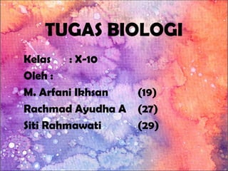 TUGAS BIOLOGI
Kelas : X-10
Oleh :
M. Arfani Ikhsan (19)
Rachmad Ayudha A (27)
Siti Rahmawati (29)
 