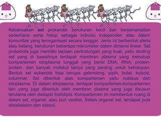 Kebanyakan sel prokarotik berukuran kecil dan berpenampilan
sederhana serta hidup sebagai individu independen atau dalam
komunitas yang terorganisasi secara longgar. Jenis ini berbentuk sferis
atau batang, berukuran beberapa mikrometer dalam dimensi linear. Sel
prokariota juga memiliki lapisan perlindungan yang kuat, yaitu dinding
sel yang di bawahnya terdapat membran plasma yang menutupi
kompartemen sitoplasma tunggal yang berisi DNA, RNA, protein-
protein, dan banyak molekul lainya yang penting untuk kehidupan.
Bentuk sel eukariota bisa berupa gelendong, pipih, bulat, kuboid,
columnar. Sel dibentuk atas kompartemen yaitu nukleus dan
sitoplasma. Di dalam sitoplasma, terdapat kompartemen-kompartemen
lain yang juga dibentuk oleh membran plasma yang juga disusun
terutama oleh dwilapis fosfolipid. Kompartemen ini membentuk ruang di
dalam sel, organel, atau pun vesikel. Selain organel sel, terdapat pula
sitoskeleton dan sitosol.
 
