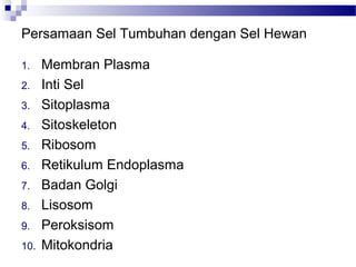Persamaan Sel Tumbuhan dengan Sel Hewan
1. Membran Plasma
2. Inti Sel
3. Sitoplasma
4. Sitoskeleton
5. Ribosom
6. Retikulum Endoplasma
7. Badan Golgi
8. Lisosom
9. Peroksisom
10. Mitokondria
 