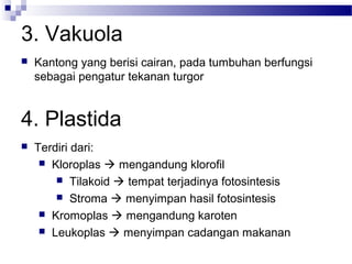 3. Vakuola
 Kantong yang berisi cairan, pada tumbuhan berfungsi
sebagai pengatur tekanan turgor
4. Plastida
 Terdiri dari:
 Kloroplas  mengandung klorofil
 Tilakoid  tempat terjadinya fotosintesis
 Stroma  menyimpan hasil fotosintesis
 Kromoplas  mengandung karoten
 Leukoplas  menyimpan cadangan makanan
 
