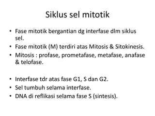 Siklus sel mitotik
• Fase mitotik bergantian dg interfase dlm siklus
sel.
• Fase mitotik (M) terdiri atas Mitosis & Sitokinesis.
• Mitosis : profase, prometafase, metafase, anafase
& telofase.
• Interfase tdr atas fase G1, S dan G2.
• Sel tumbuh selama interfase.
• DNA di reflikasi selama fase S (sintesis).
 