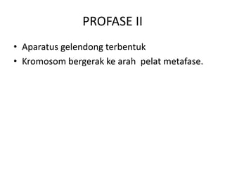 PROFASE II
• Aparatus gelendong terbentuk
• Kromosom bergerak ke arah pelat metafase.
 