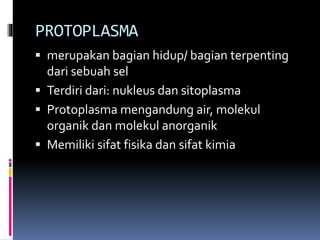 PROTOPLASMA 
 merupakan bagian hidup/ bagian terpenting 
dari sebuah sel 
 Terdiri dari: nukleus dan sitoplasma 
 Protoplasma mengandung air, molekul 
organik dan molekul anorganik 
 Memiliki sifat fisika dan sifat kimia 
 