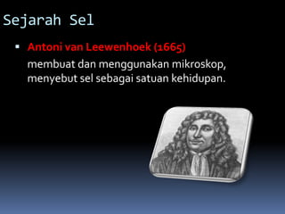 Sejarah Sel 
 Antoni van Leewenhoek (1665) 
membuat dan menggunakan mikroskop, 
menyebut sel sebagai satuan kehidupan. 
 