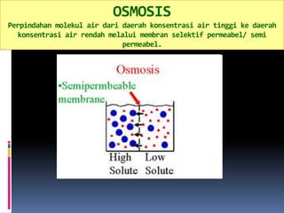 OSMOSIS 
Perpindahan molekul air dari daerah konsentrasi air tinggi ke daerah 
konsentrasi air rendah melalui membran selektif permeabel/ semi 
permeabel. 
 