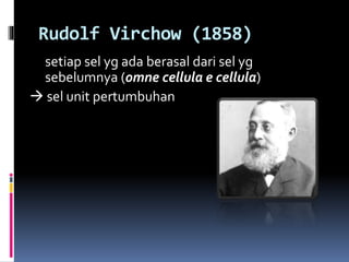 Rudolf Virchow (1858) 
setiap sel yg ada berasal dari sel yg 
sebelumnya (omne cellula e cellula) 
 sel unit pertumbuhan 
 