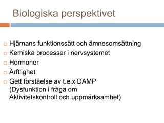 Biologiska perspektivet 
 Hjärnans funktionssätt och ämnesomsättning 
 Kemiska processer i nervsystemet 
 Hormoner 
 Ärftlighet 
 Gett förståelse av t.e.x DAMP 
(Dysfunktion i fråga om 
Aktivitetskontroll och uppmärksamhet) 
 