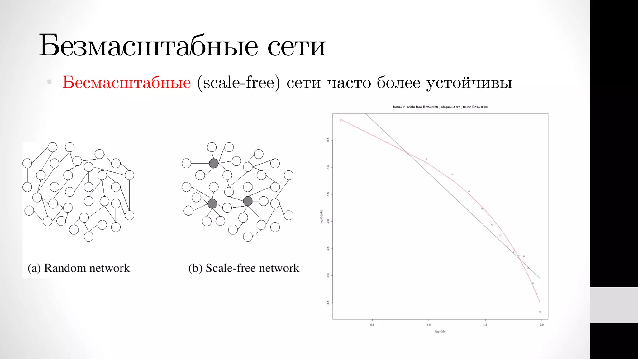Безмасштабные сети
• Бесмасштабные (scale-free) сети часто более устойчивы
 