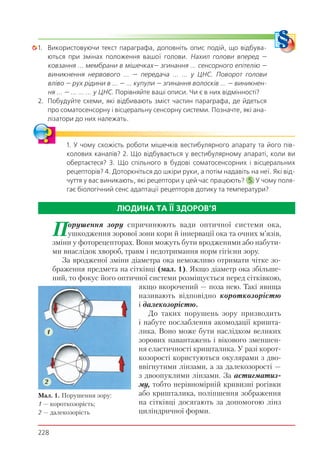 228
1. Використовуючи текст параграфа, доповніть опис подій, що відбува-
ються при змінах положення вашої голови. Нахил голови вперед —
ковзання ... мембрани в мішечках— згинання ... сенсорного епітелію —
виникнення нервового ... — передача ... ... у ЦНС. Поворот голови
вліво — рух рідини в ... — ... купули — згинання волосків ... — виникнен-
ня ... — ... ... ... у ЦНС. Порівняйте ваші описи. Чи є в них відмінності?
2. Побудуйте схеми, які відбивають зміст частин параграфа, де йдеться
про соматосенсорну і вісцеральну сенсорну системи. Позначте, які ана-
лізатори до них належать.
1. У чому схожість роботи мішечків вестибулярного апарату та його пів-
колових каналів? 2. Що відбувається у вестибулярному апараті, коли ви
обертаєтеся? 3. Що спільного в будові соматосенсорних і вісцеральних
рецепторів? 4. Доторкніться до шкіри руки, а потім надавіть на неї. Які від-
чуття у вас виникають, які рецептори у цей час працюють? 5. У чому поля-
гає біологічний сенс адаптації рецепторів дотику та температури?
ЛЮДИНА ТА ЇЇ ЗДОРОВ’Я
Порушення зору спричинюють вади оптичної системи ока,
ушкодження зорової зони кори й іннервації ока та очних м’язів,
зміни у фоторецепторах. Вони можуть бути вродженими або набути-
ми внаслідок хвороб, травм і недотримання норм гігієни зору.
За вродженої зміни діаметра ока неможливо отримати чітке зо-
браження предмета на сітківці (мал. 1). Якщо діаметр ока збільше-
ний, то фокус його оптичної системи розміщується перед сітківкою,
якщо вкорочений — поза нею. Такі явища
називають відповідно короткозорістю
і далекозорістю.
До таких порушень зору призводить
і набуте послаблення акомодації кришта-
лика. Воно може бути наслідком великих
зорових навантажень і вікового зменшен-
ня еластичності кришталика. У разі корот-
козорості користуються окулярами з дво-
ввігнутими лінзами, а за далекозорості —
з двоопуклими лінзами. За астигматиз-
му, тобто нерівномірній кривизні рогівки
або кришталика, поліпшення зображення
на сітківці досягають за допомогою лінз
циліндричної форми.
Мал. 1. Порушення зору:
1 — короткозорість;
2 — далекозорість
1
2
 