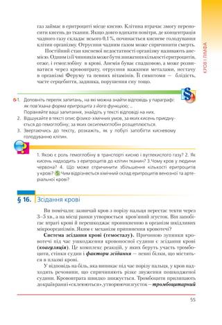 55
КРОВІЛІМФА
газ займає в еритроциті місце кисню. Клітина втрачає змогу перено-
сити кисень до тканин. Якщо довго вдихати повітря, де концентрація
чадного газу складає всього 0,1%, починається кисневе голодування
клітин організму. Отруєння чадним газом може спричинити смерть.
Постійний стан кисневої недостатності організму називають ане-
мією.Однимізїїчинниківможебутизниженнякількостіеритроцитів,
отже, і гемоглобіну в крові. Анемія буває спадковою, а може розви-
ватися через крововтрату, отруєння важкими металами, нестачу
в організмі Феруму та певних вітамінів. Її симптоми — блідість,
часте серцебиття, задишка, порушення сну тощо.
1. Доповніть перелік запитань, на які можна знайти відповідь у параграфі:
як пов’язана форма еритроцита з його функцією; …
Порівняйте ваші запитання, знайдіть у тексті відповіді на них.
2. Відшукайте в тексті опис фізико-хімічних умов, за яких кисень приєдну-
ється до гемоглобіну; за яких оксигемоглобін розщеплюється.
3. Звертаючись до тексту, розкажіть, як у побуті запобігти кисневому
голодуванню клітин.
1. Якою є роль гемоглобіну в транспорті кисню і вуглекислого газу? 2. Як
кисень надходить з еритроцитів до клітин тканин? 3.Чому кров у людини
червона? 4. Що може спричинити збільшення кількості еритроцитів
у крові? 5. Чим відрізняється хімічний склад еритроцитів венозної та арте-
ріальної крові?
§ 16. Зсідання крові
Ви помічали: зазвичай кров з порізу пальця перестає текти через
3–5 хв., а на місці ранки утворюється кров’яний згусток. Він запобі-
гає втраті крові й перешкоджає проникненню в організм шкідливих
мікроорганізмів. Яким є механізм припинення кровотечі?
Система зсідання крові (гемостазу). Причиною зупинки кро-
вотечі під час ушкодження кровоносної судини є зсідання крові
(коагуляція). Це комплекс реакцій, у яких беруть участь тромбо-
цити, стінки судин і фактори зсідання — певні білки, що містять-
ся в плазмі крові.
У відповідь на біль, яка виникає під час порізу пальця, у кров над-
ходять речовини, що спричиняють різке звуження пошкодженої
судини. Крововтрата швидко знижується. Тромбоцити прилипають
докраївраниі«склеюються»,утворюючизгусток—тромбоцитарний
 