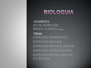 NOMBRES:
KEVIN MOREJÓN
BRADY CUENCA (CHUCHIN)



TEMA:
ESPECIES ENDEMICAS,
ESPECIES NATIVAS,
ESPECIES NATURALIZADAS,
ESPECIES INTRODUCIDAS,
ESPECIES EN PELIGRO DE
EXTINCION.
 