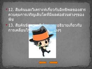 12 .  สืบค้นและวิเคราะห์เกี่ยวกับอิทธิพลของสารควบคุมการเจริญเติบโตที่มีผลต่อส่วนต่างๆของพืช 13 .  สืบค้นข้อมูล อภิปรายและอธิบายเกี่ยวกับการเคลื่อนไหวของพืชแบบต่างๆ 